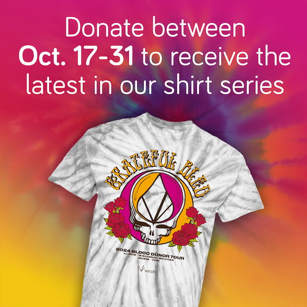 Donate October 17-31 at a donor center for a limited-edition Grateful Bled t-shirt